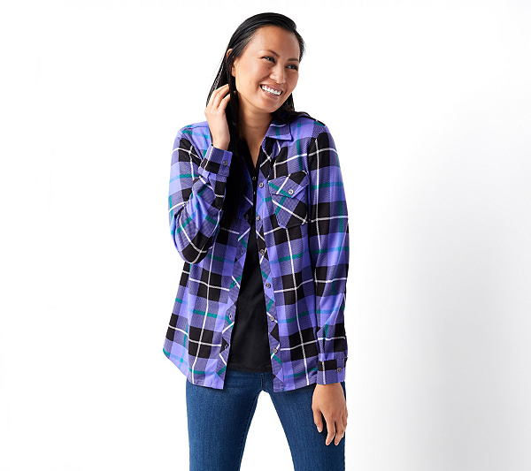 Denim & Co. Brushed Heavenly Jersey Plaid Y-Neck Button-Up Top