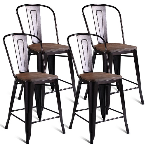 Costway Copper Set of 4 Metal Wood Counter Stool Kitchen Dining Bar Chairs Rustic