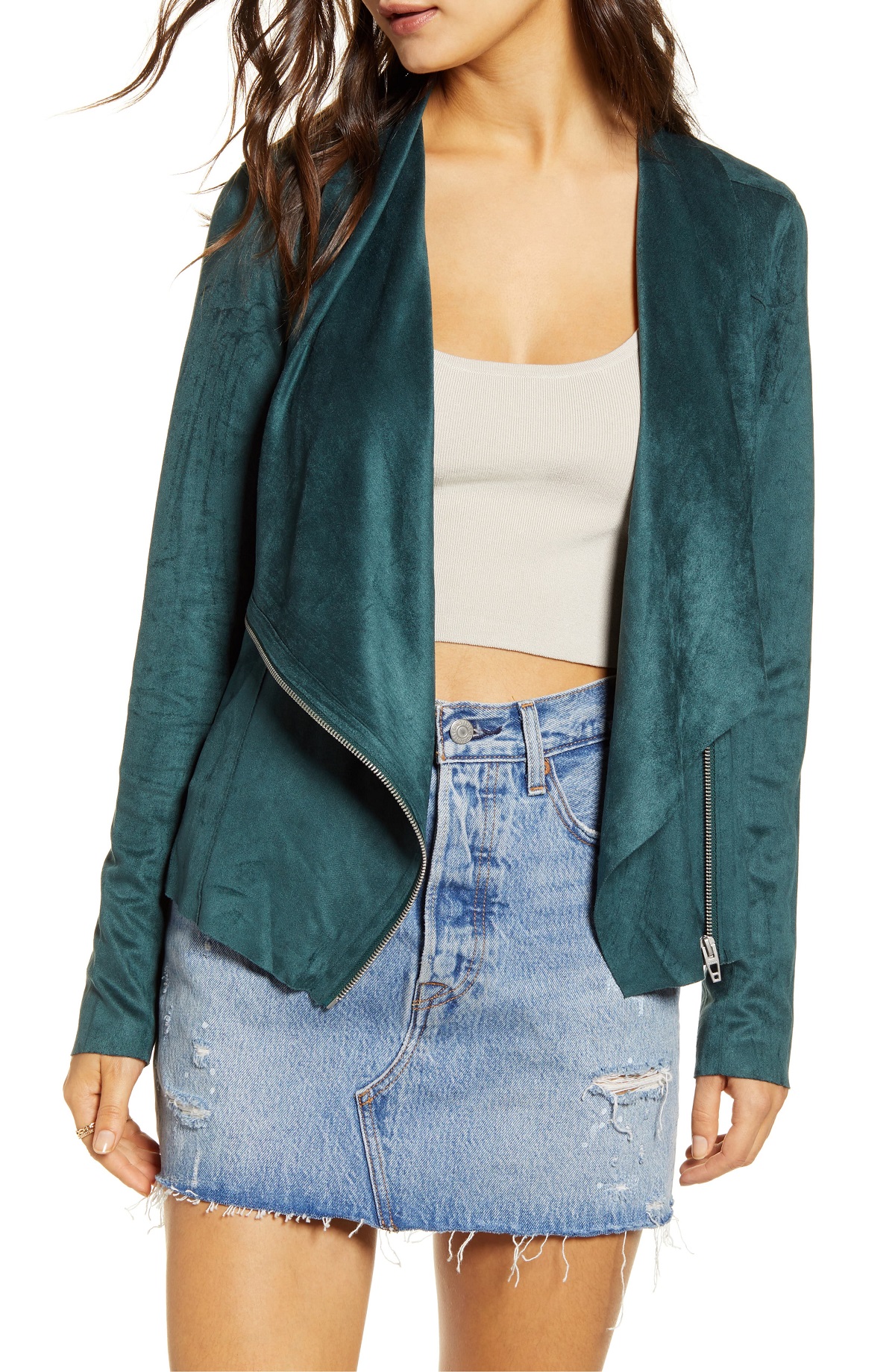 BLANKNYC Faux Suede Drape Front Jacket