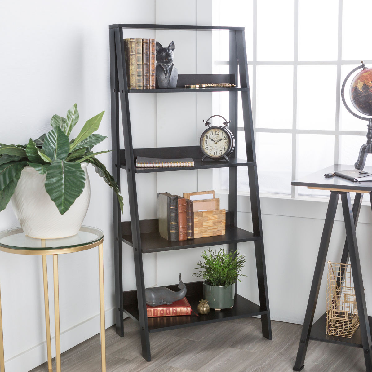 Manor Park 4-Shelf Wood Leaning Ladder Bookshelf