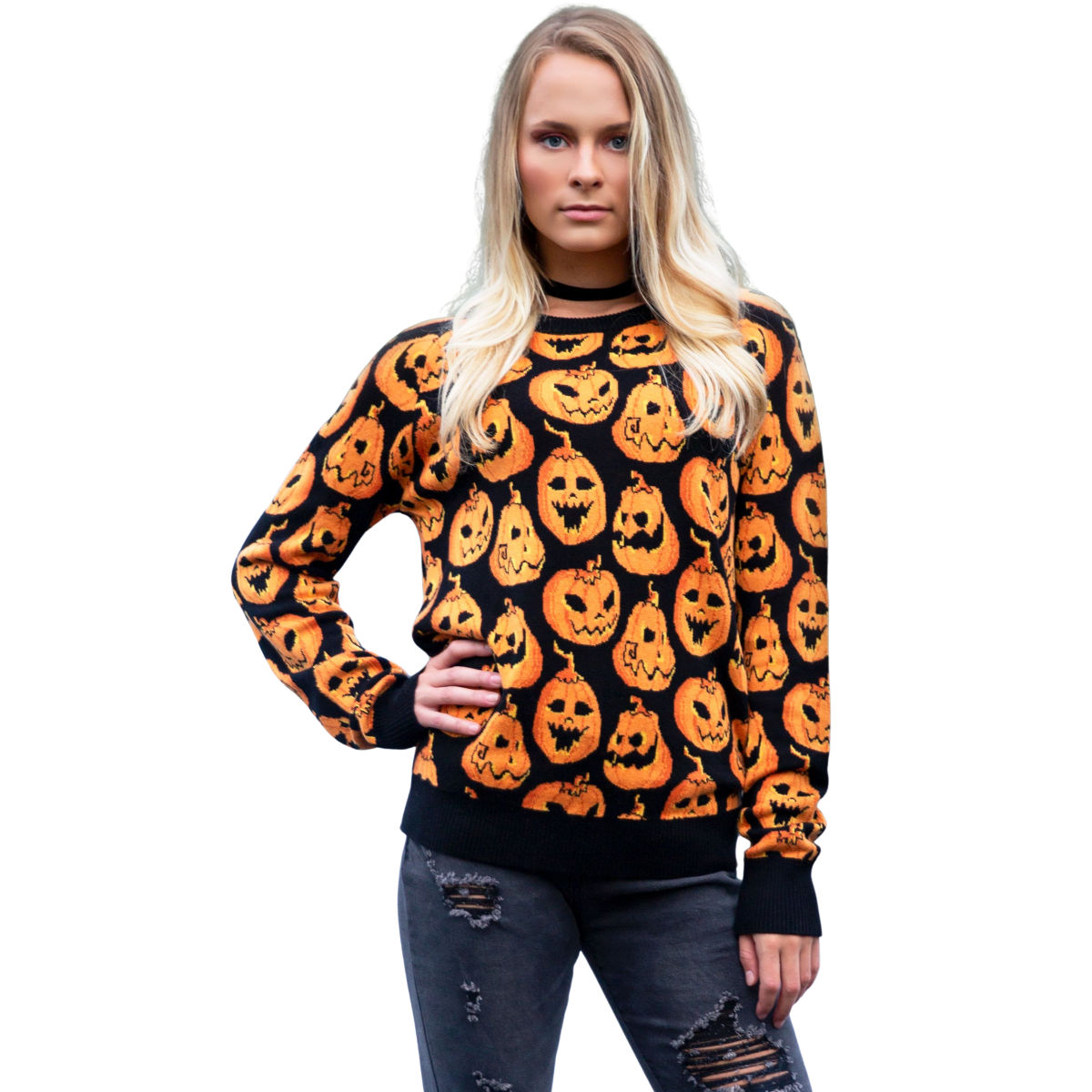 Pumpkin Frenzy Adult Halloween Sweater | Frugal Buzz