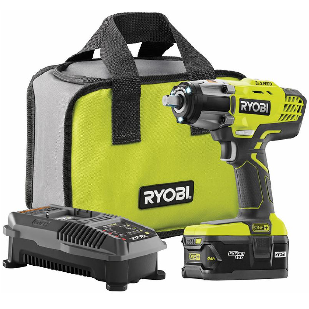 Ryobi P1833 18-Volt ONE+ Lithium-Ion Cordless 3-Speed 1/2 in. Impact Wrench Kit