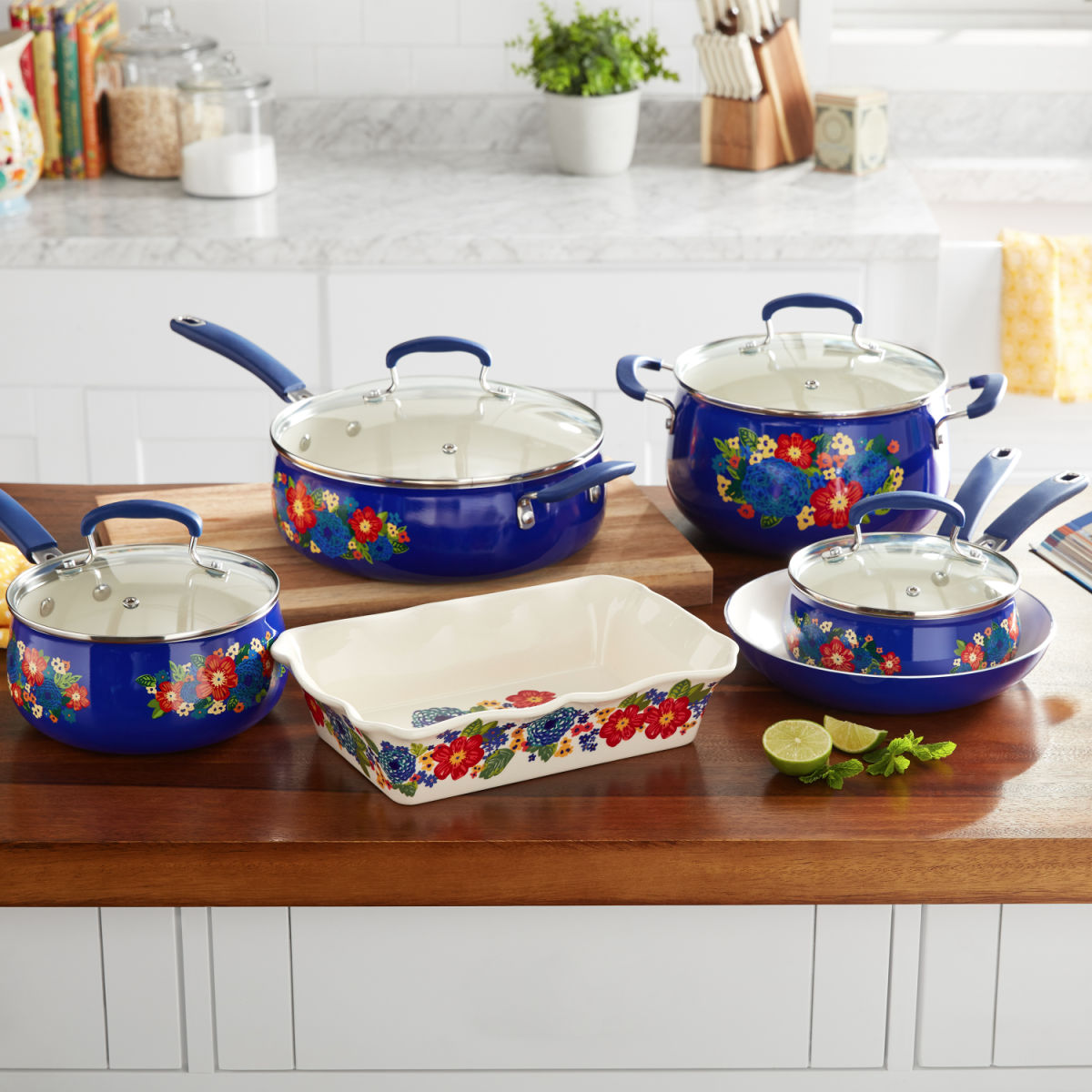 The Pioneer Woman Dazzling Dahlias 10-Piece Ceramic Nonstick Cookware Set