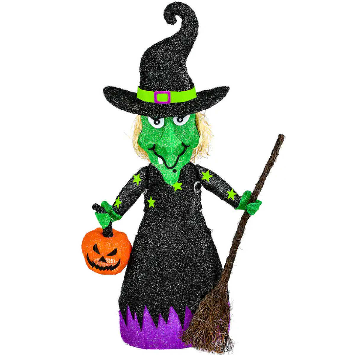 Pre-Lit Green Witch with Broom Halloween Décor
