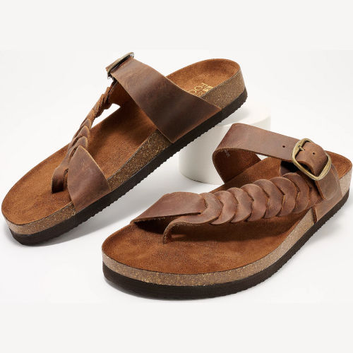 White Mountain Happier Braided Leather Toe-Post Sandals
